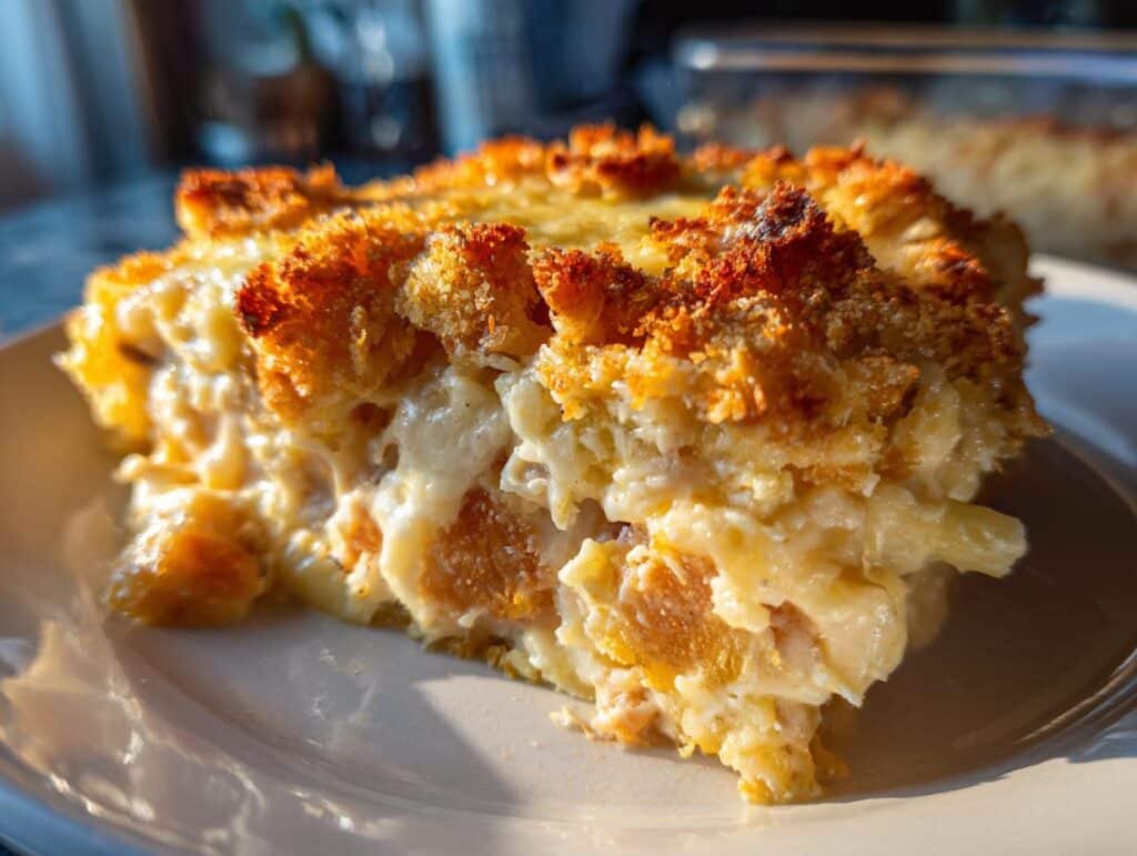 A slice of Creamy Swiss Chicken Casserole with a golden brown topping, served on a white plate.