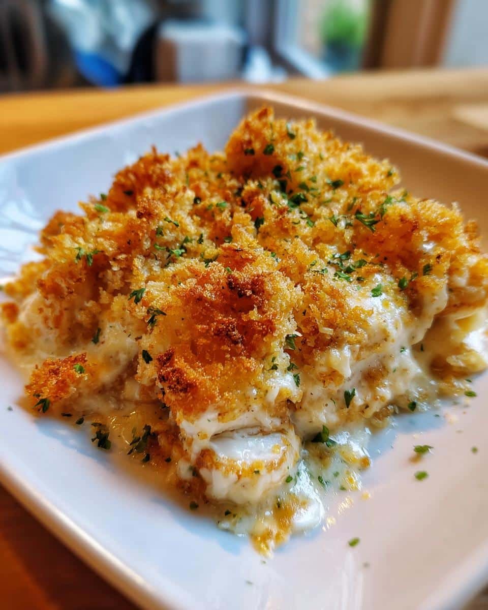 Devastatingly Easy Creamy Swiss Chicken Casserole in 45 7 A serving of Creamy Swiss Chicken Casserole with a golden, crispy topping and creamy sauce on a white plate.