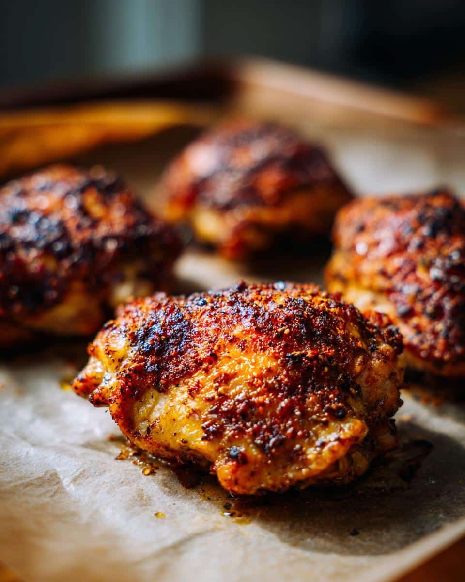 Crispy Baked Chicken Thighs: 6 Ingredients, Zero Guilt 9 Close-up of crispy baked chicken thighs on parchment paper, showcasing the golden-brown skin and seasoning.