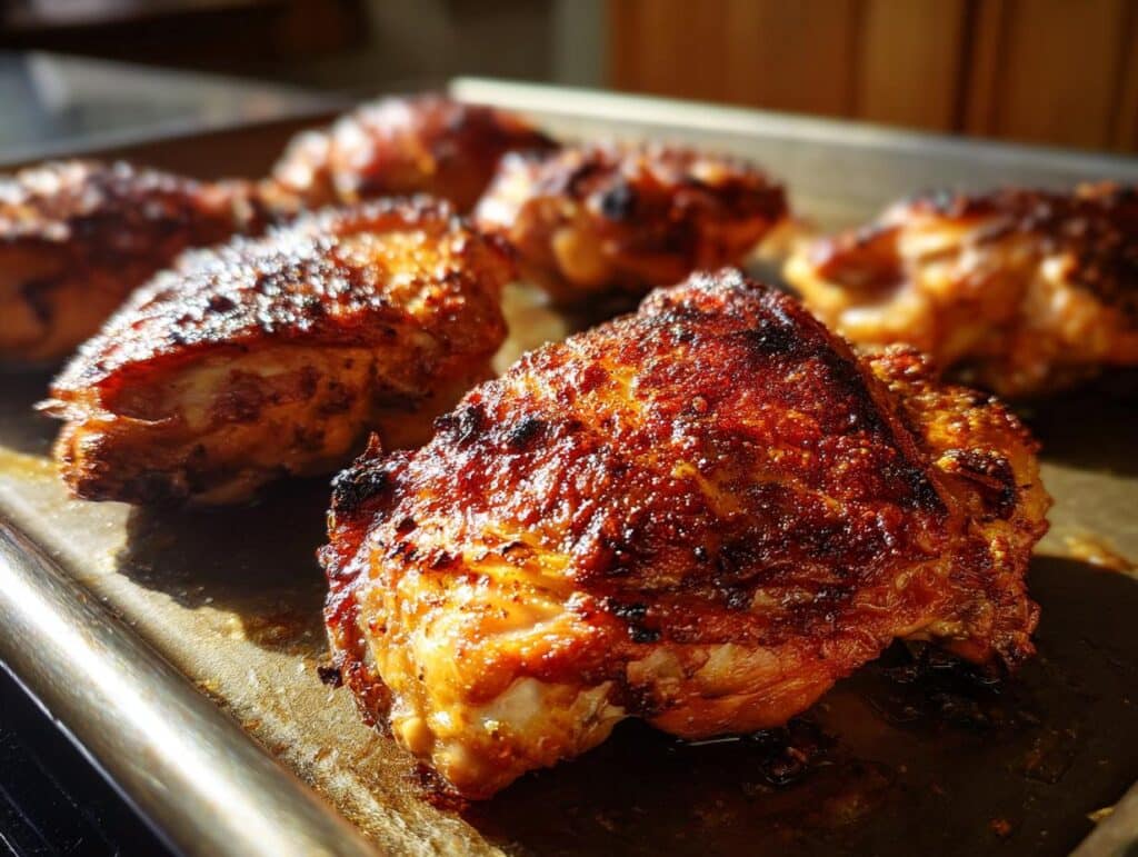 Close-up of Crispy Baked Chicken Thighs on a baking sheet, showcasing their golden-brown, crispy skin.