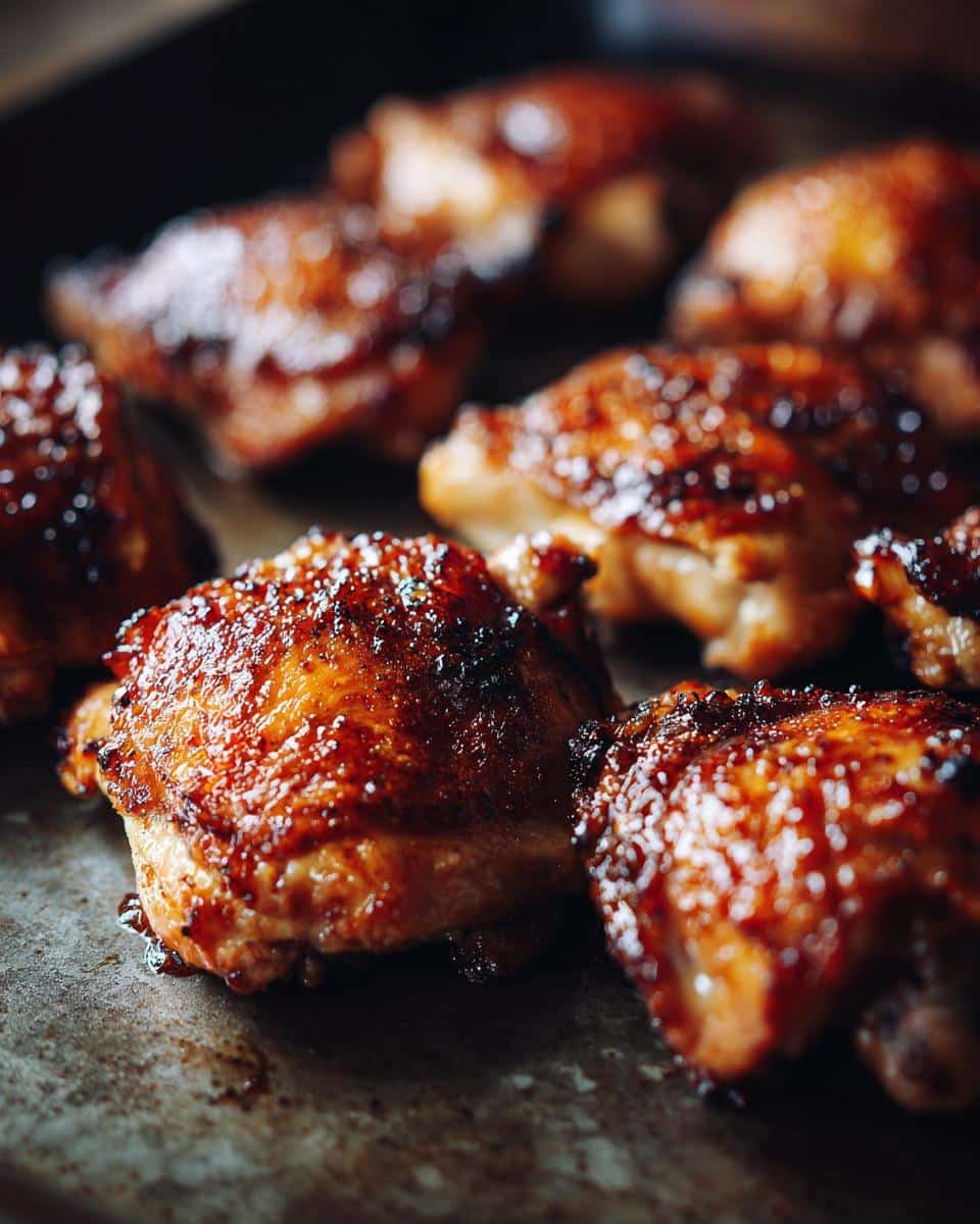 Crispy Baked Chicken Thighs: 6 Ingredients, Zero Guilt 7 Close-up of several Crispy Baked Chicken Thighs with golden-brown skin on a dark baking sheet.