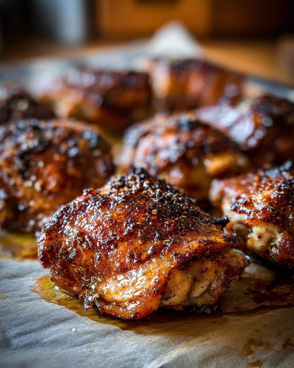 Crispy Baked Chicken Thighs: 6 Ingredients, Zero Guilt 8 Close-up of crispy baked chicken thighs with seasoning on parchment paper, ready to serve.