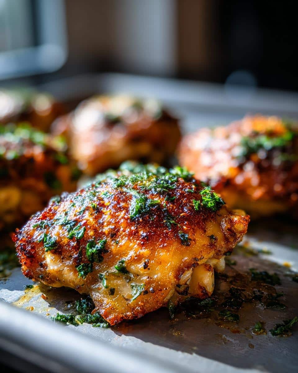 Crispy Baked Chicken Thighs: 6 Ingredients, Zero Guilt 6 Close-up of Crispy Baked Chicken Thighs on a baking sheet, garnished with fresh herbs.