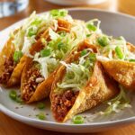 Plate of Crispy Chicken Wonton Tacos with Sweet Teriyaki Glaze, topped with shredded lettuce and green onions.