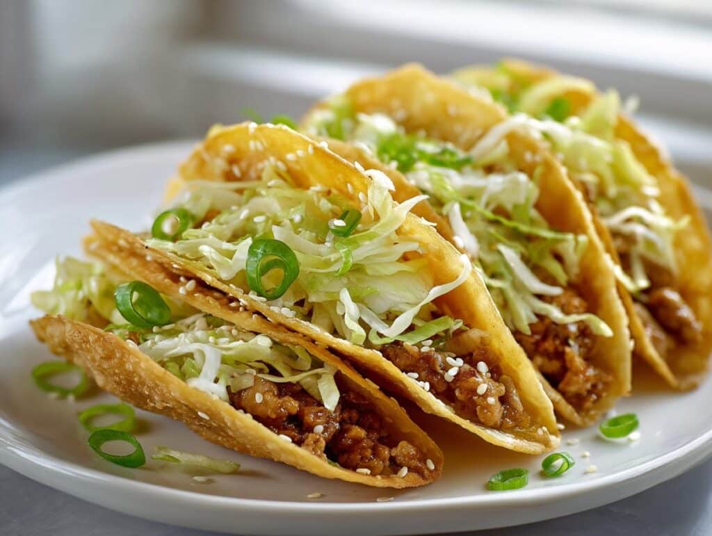 A plate of Crispy Chicken Wonton Tacos with Sweet Teriyaki Glaze, topped with shredded lettuce and green onions.