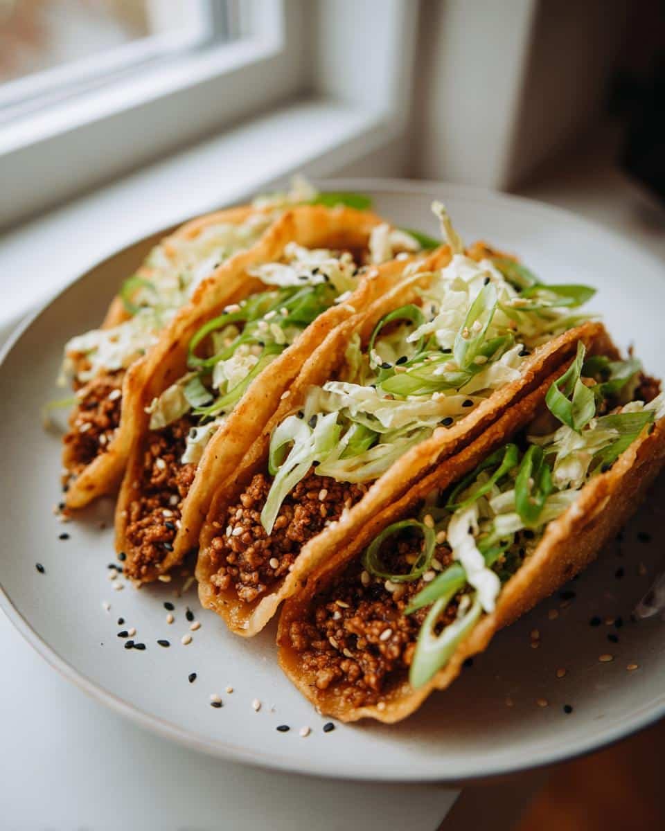 Crispy Chicken Wonton Tacos: Insanely Delicious in 30 6 Four Crispy Chicken Wonton Tacos with Sweet Teriyaki Glaze, topped with cabbage and green onions.