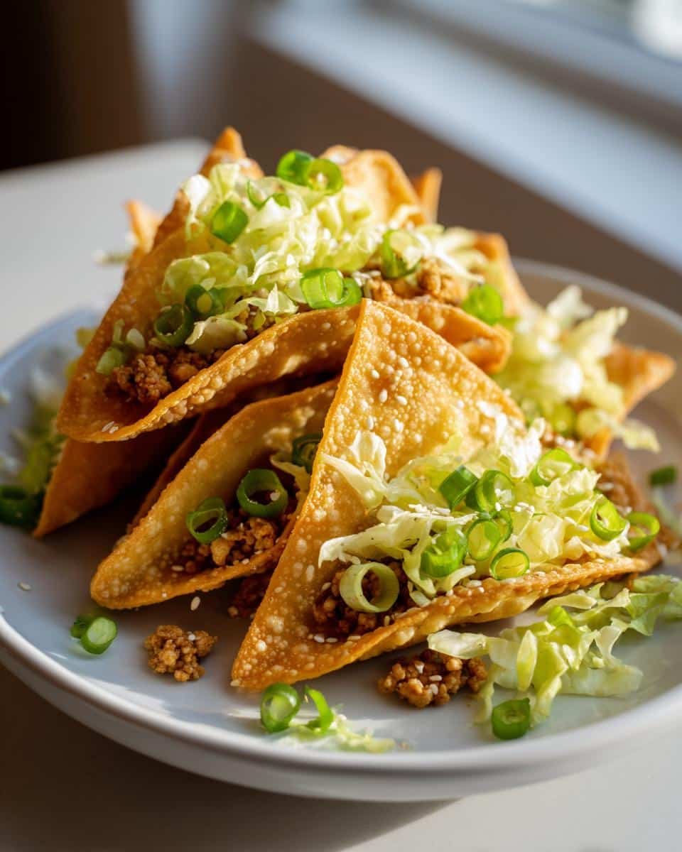 Crispy Chicken Wonton Tacos: Insanely Delicious in 30 7 A stack of Crispy Chicken Wonton Tacos with Sweet Teriyaki Glaze, topped with lettuce and green onions.