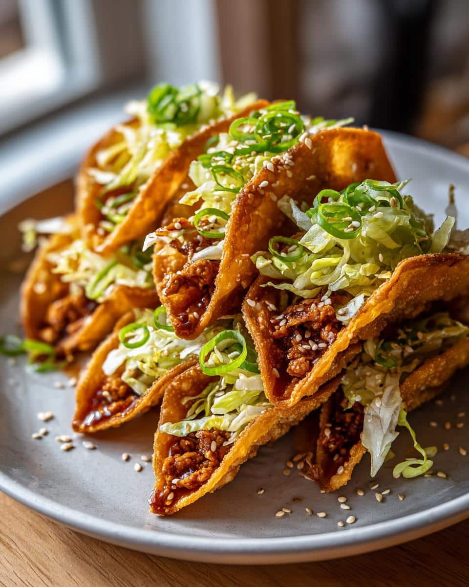 Crispy Chicken Wonton Tacos: Insanely Delicious in 30 9 A stack of Crispy Chicken Wonton Tacos with Sweet Teriyaki Glaze, topped with lettuce and green onions.