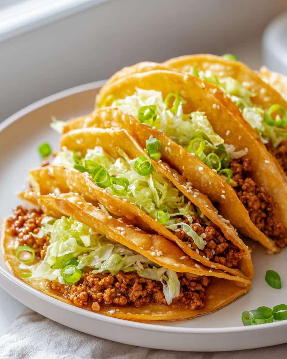 Crispy Chicken Wonton Tacos: Insanely Delicious in 30 8 Plate of Crispy Chicken Wonton Tacos with Sweet Teriyaki Glaze, topped with lettuce and green onions.