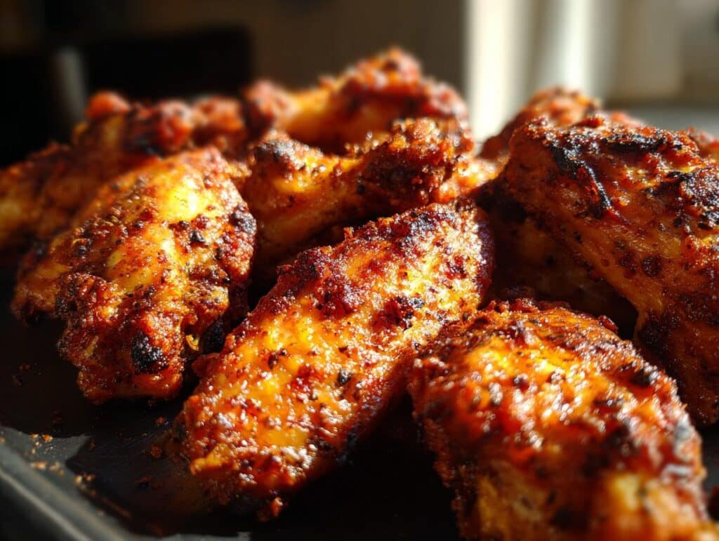 A close-up of crispy dry rub chicken wings, showcasing their texture and seasoning.