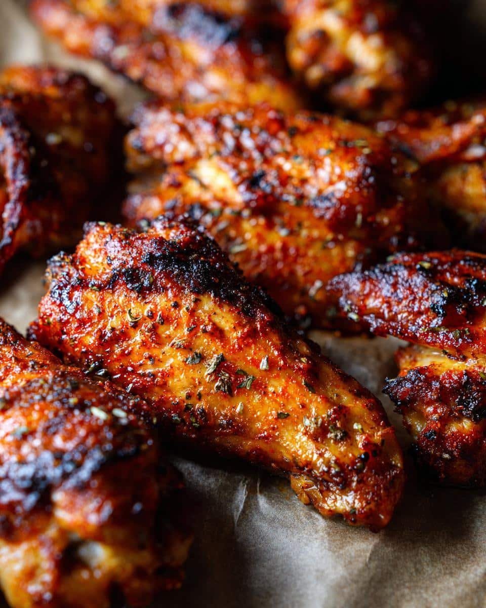 Unbelievably Crispy Dry Rub Chicken Wings in 45 Minutes 8 Close-up of crispy dry rub chicken wings with herbs and spices, showing their texture and color.