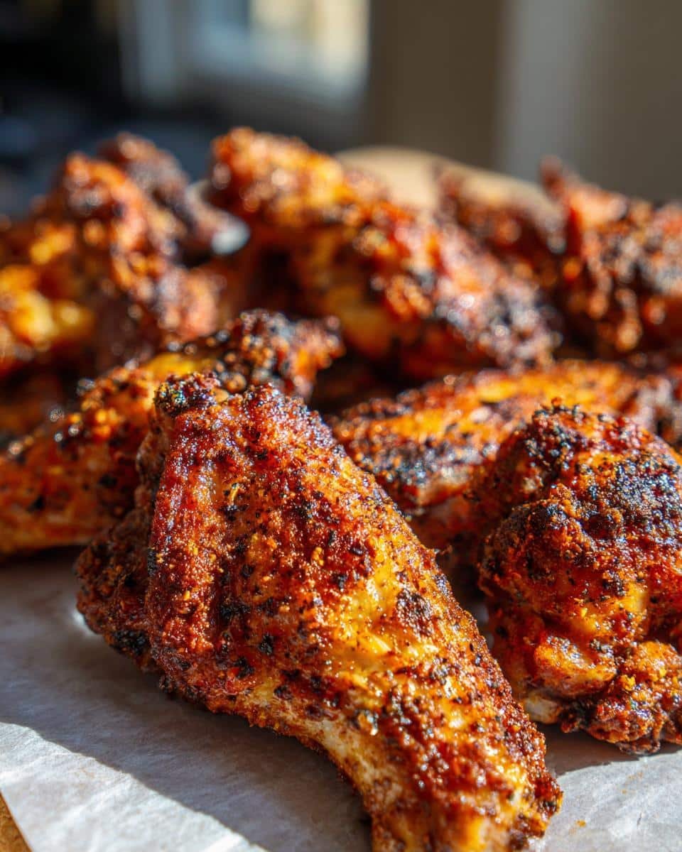Unbelievably Crispy Dry Rub Chicken Wings in 45 Minutes 7 Close-up of a pile of golden brown Crispy Dry Rub Chicken Wings, seasoned and ready to eat.