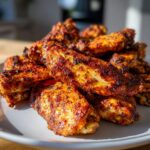 A close-up of a plate piled high with golden brown, unbelievably Crispy Dry Rub Chicken Wings.