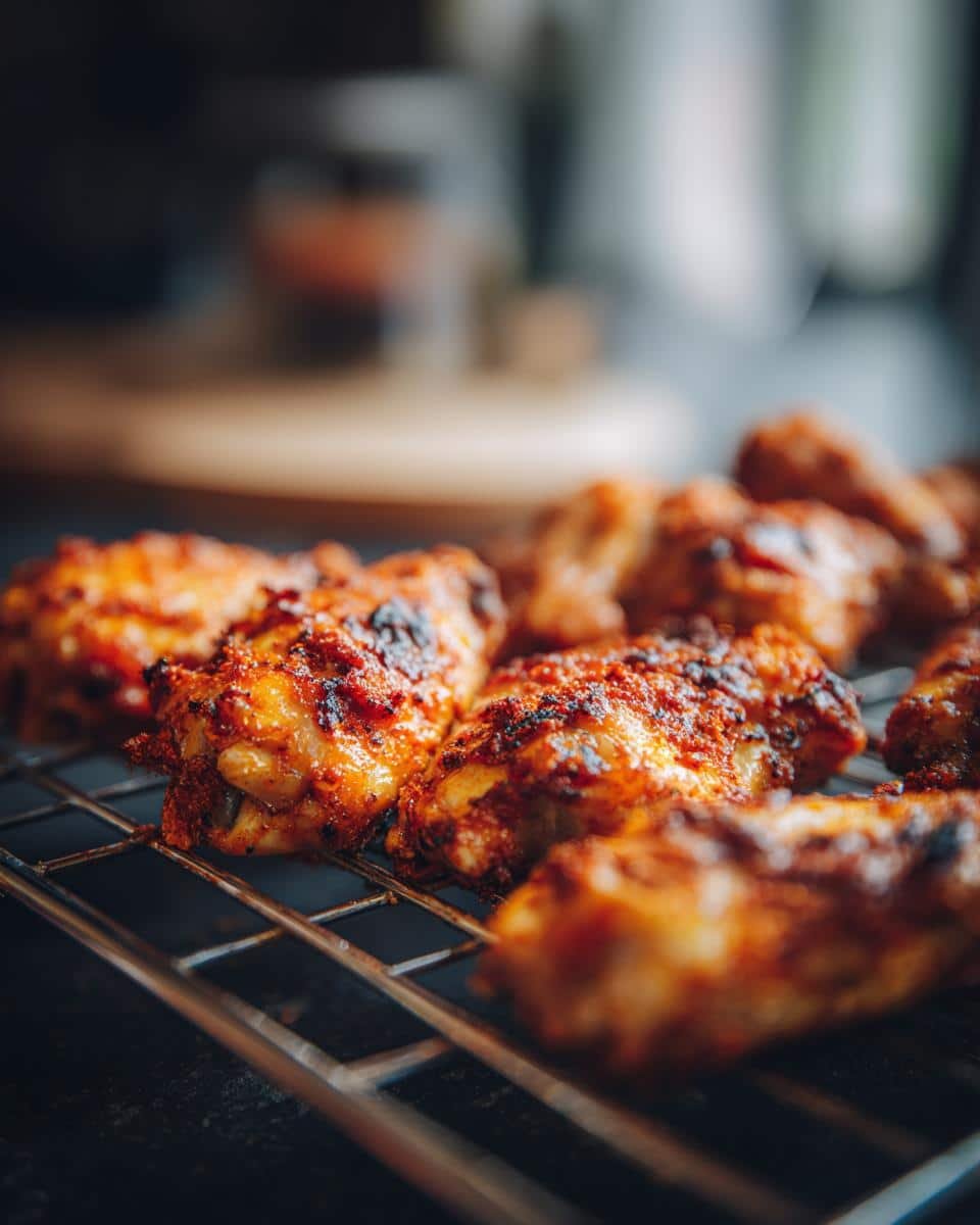 Unbelievably Crispy Dry Rub Chicken Wings in 45 Minutes 9 Close-up of Crispy Dry Rub Chicken Wings cooling on a wire rack, showing the texture and color of the rub.