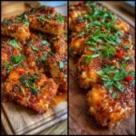 Close-up of Crispy Hot Honey Feta Chicken pieces, garnished with herbs and chili flakes on a wooden board.