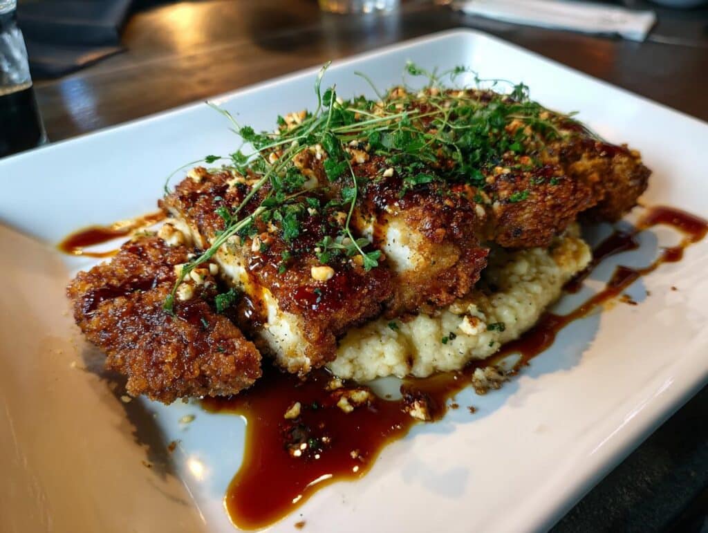 A plated serving of Crispy Hot Honey Feta Chicken, drizzled with sauce and garnished with herbs.