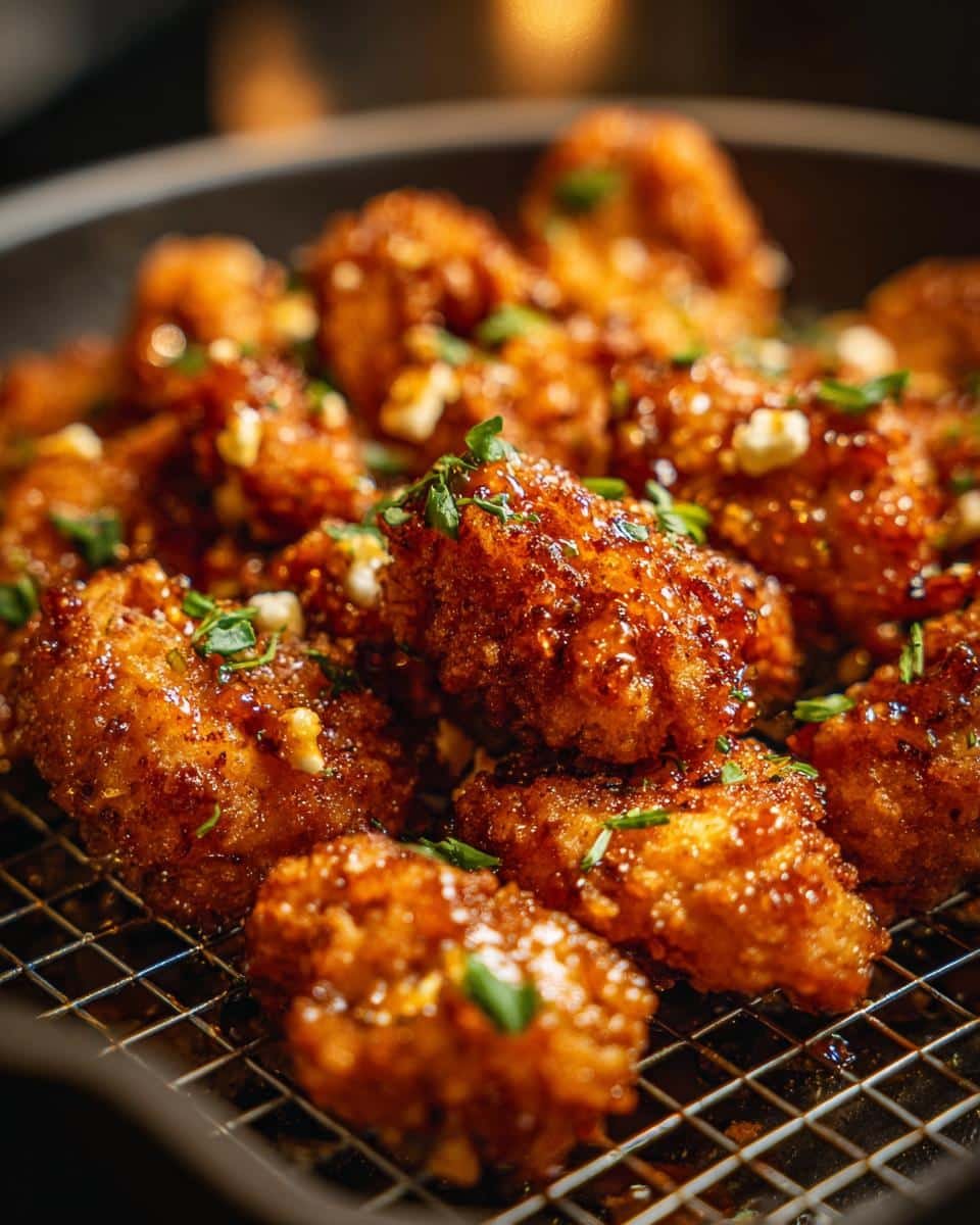 Unbelievably Delicious Crispy Hot Honey Feta Chicken 9 Close-up of Crispy Hot Honey Feta Chicken pieces, glazed and garnished with feta and herbs.