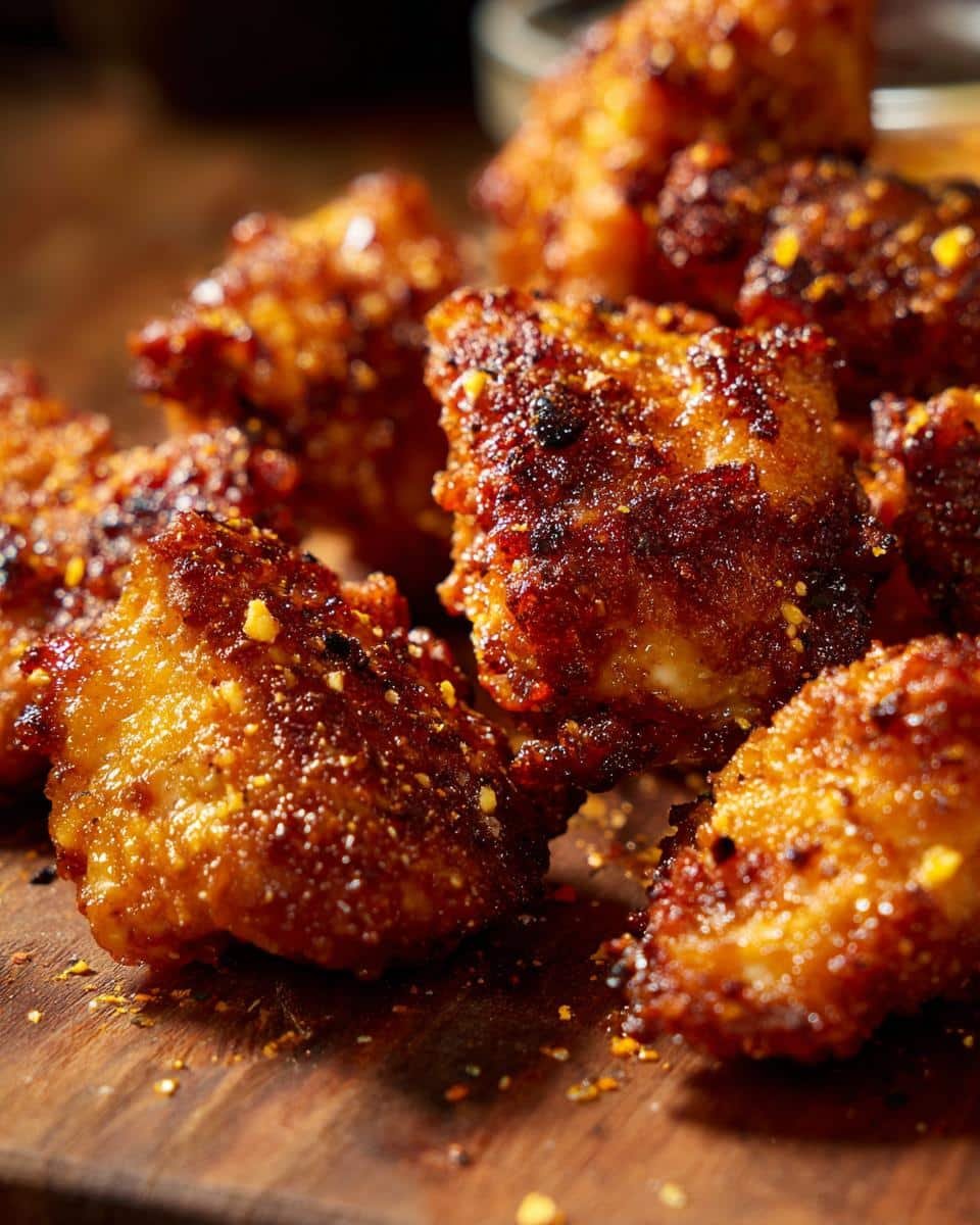 Unbelievably Delicious Crispy Hot Honey Feta Chicken 7 Close-up of golden Crispy Hot Honey Feta Chicken bites on a wooden board, coated in spices and honey.