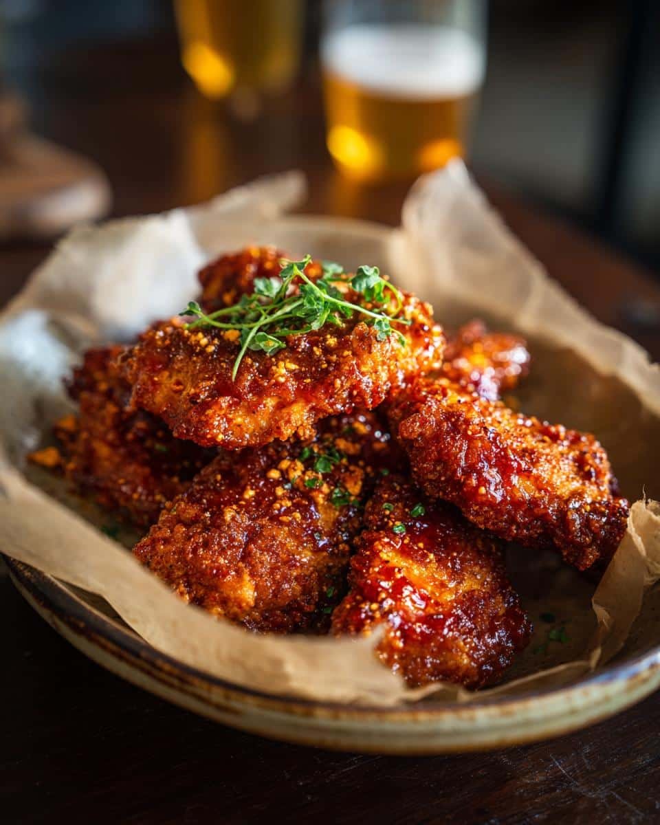 Unbelievably Delicious Crispy Hot Honey Feta Chicken 6 A plate of Crispy Hot Honey Feta Chicken wings, garnished with herbs and served with beer in the background.