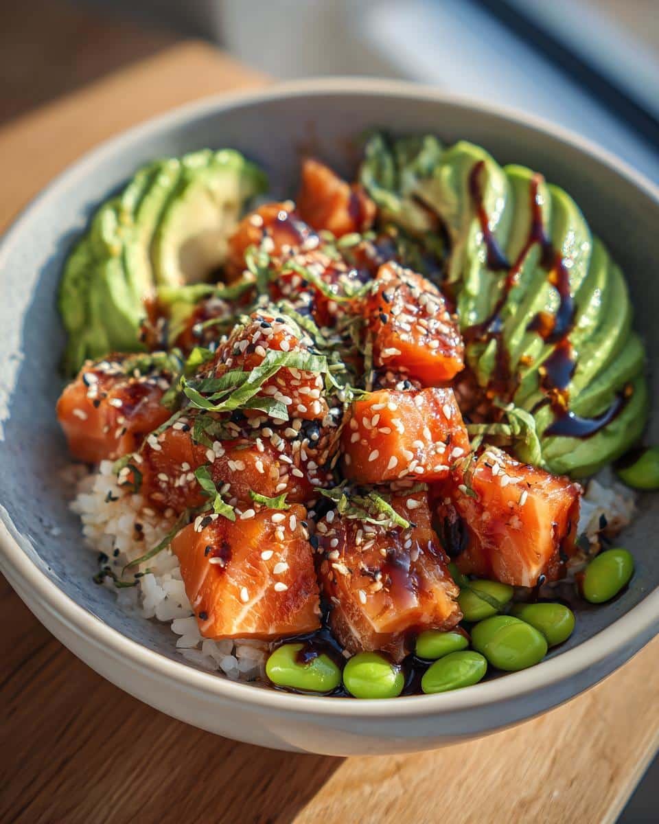 Crispy Salmon Bowls: The Deliciously Easy 30-Minute Meal 8 A vibrant Crispy Salmon Bowl featuring cubed salmon, avocado, rice, edamame, sesame seeds, and a savory sauce.