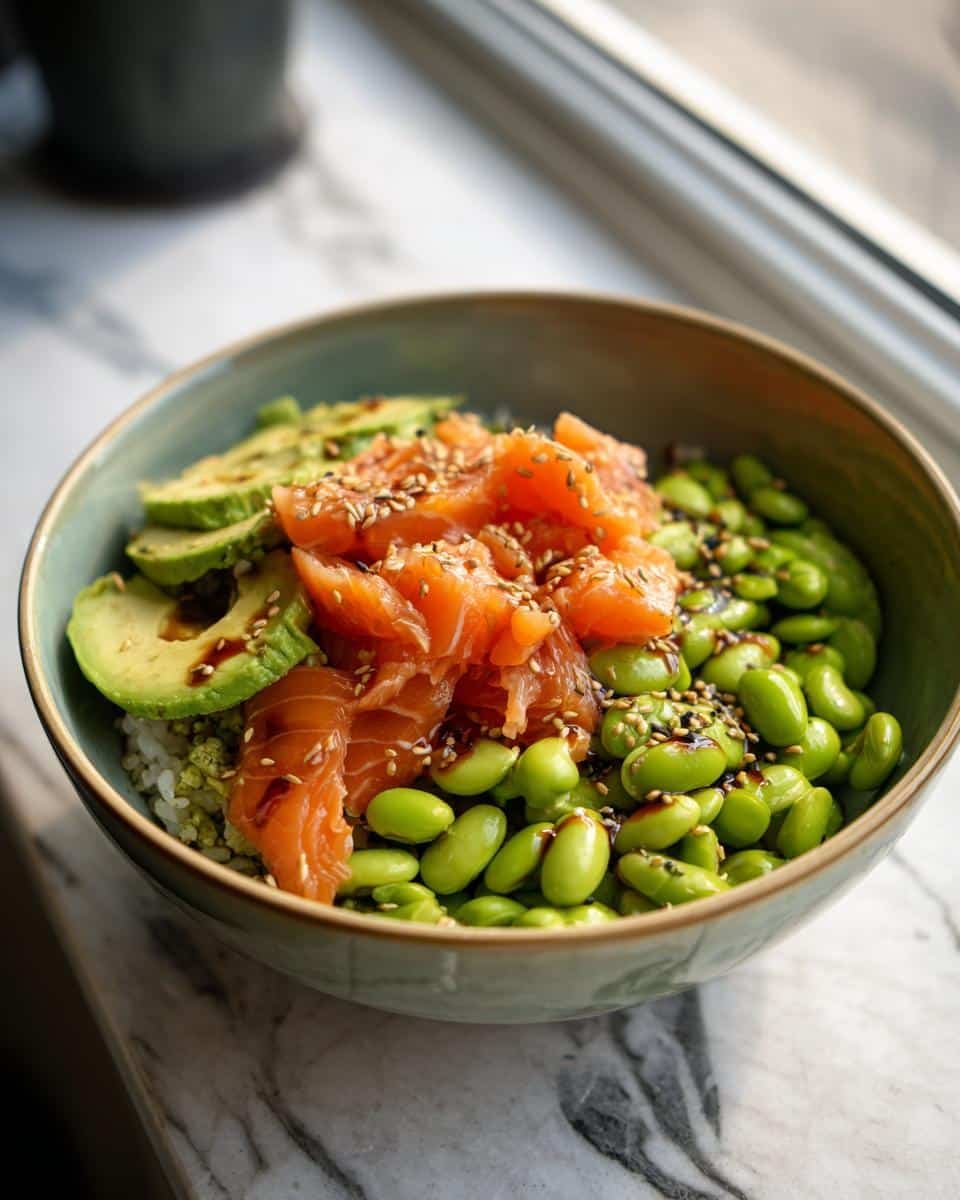 Fail-Proof Crispy Salmon Bowls in 25 Minutes 8 A vibrant Crispy Salmon Bowl featuring fresh salmon, avocado, edamame, and sesame seeds.