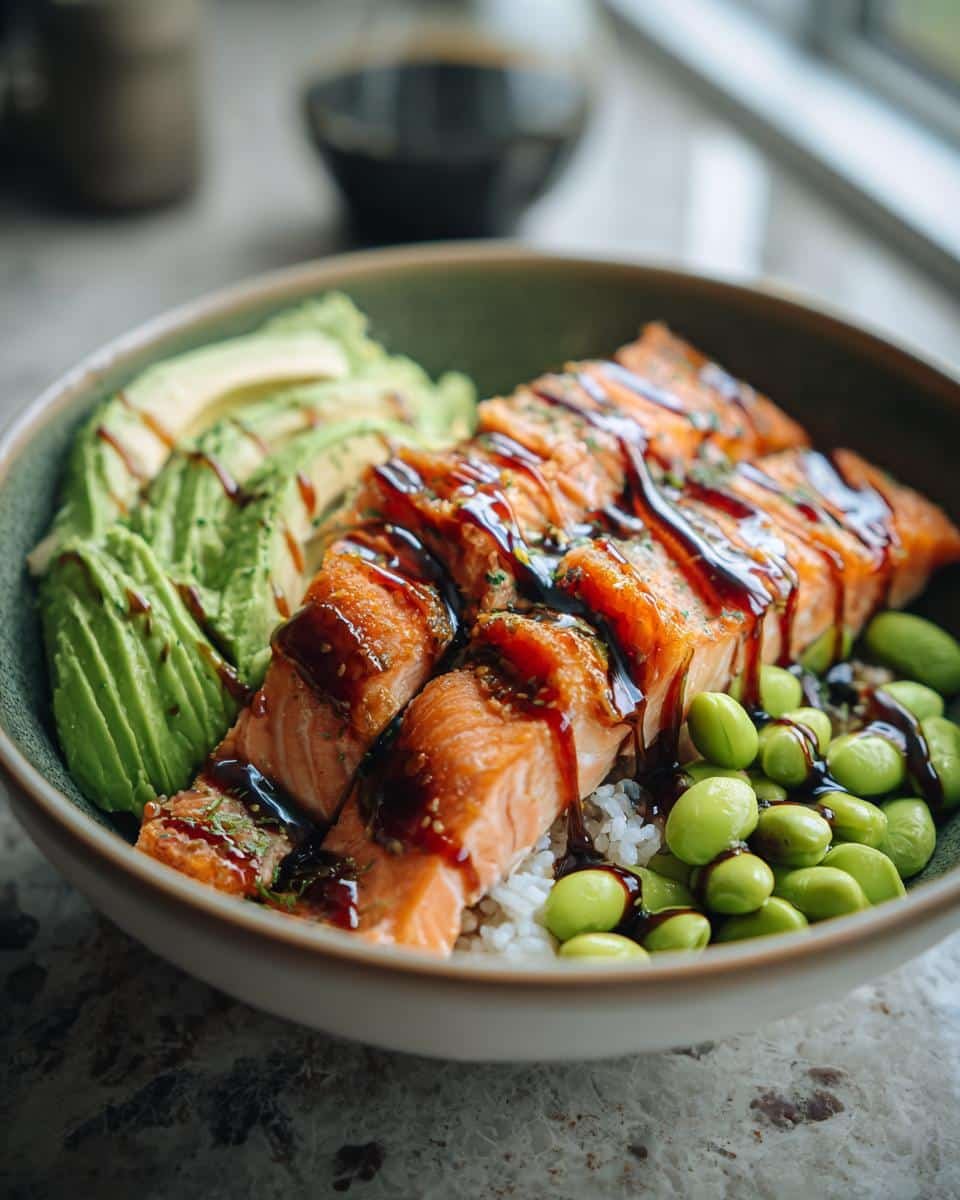 Fail-Proof Crispy Salmon Bowls in 25 Minutes 9 A vibrant Crispy Salmon Bowl featuring salmon, avocado, edamame, rice, and a savory sauce.
