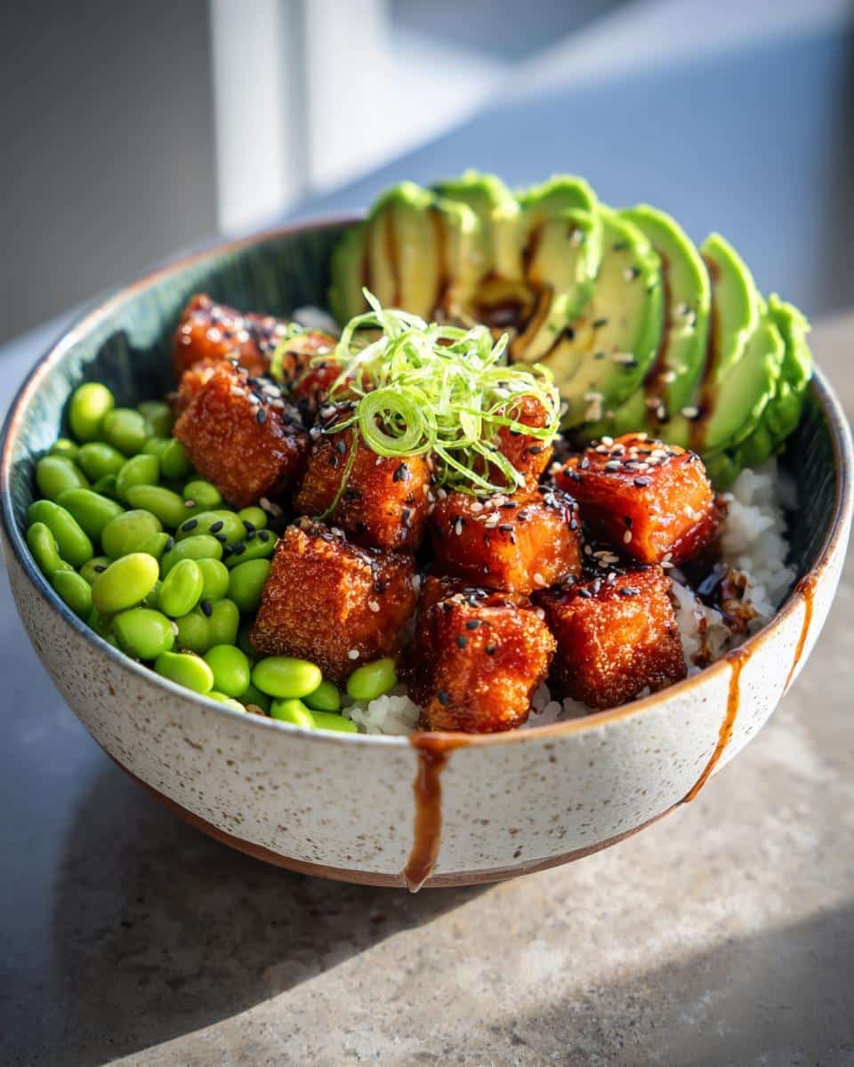 Crispy Salmon Bowls: The Deliciously Easy 30-Minute Meal 6 A vibrant Crispy Salmon Bowl with avocado, edamame, rice, and sesame seeds.
