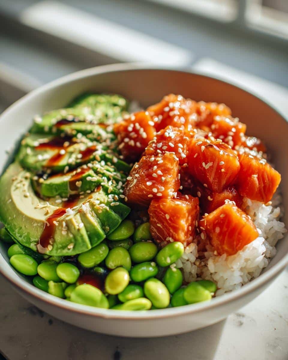 Crispy Salmon Bowls: The Deliciously Easy 30-Minute Meal 7 A colorful Crispy Salmon Bowl with avocado, edamame, sesame seeds, and teriyaki sauce over rice.