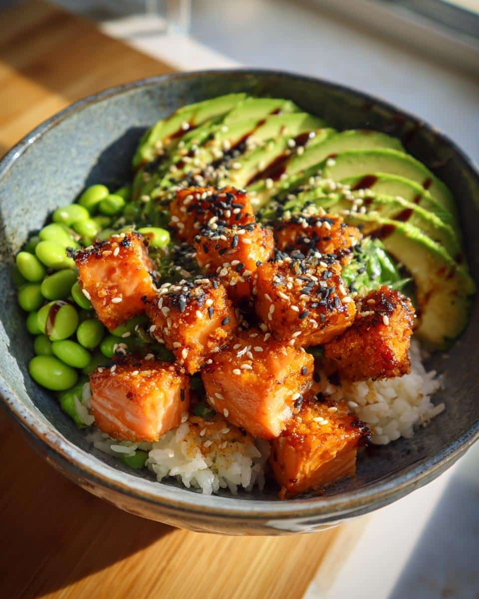 Crispy Salmon Bowls: The Deliciously Easy 30-Minute Meal 9 A delicious Crispy Salmon Bowl featuring sesame-crusted salmon, avocado, edamame, and rice.
