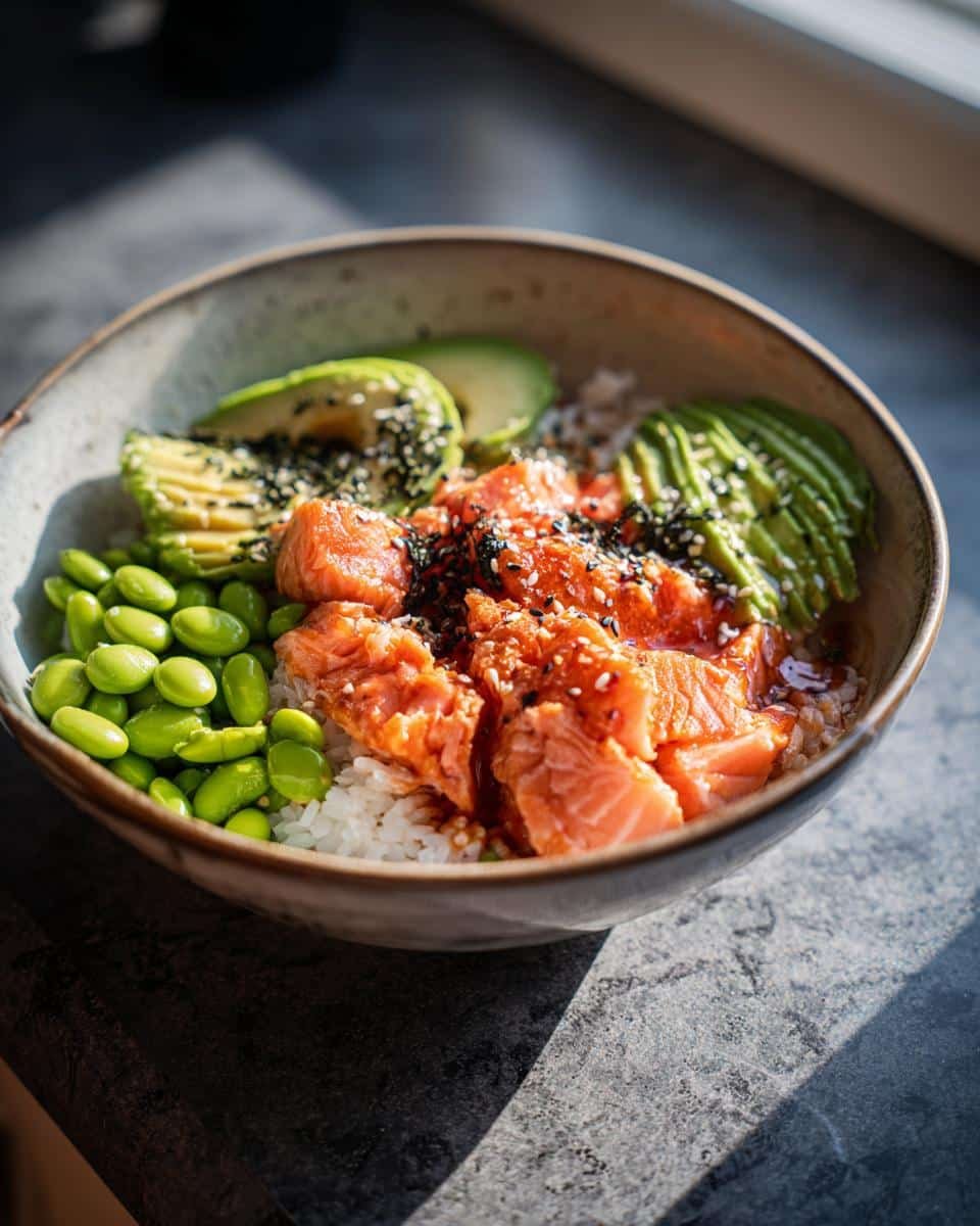 Fail-Proof Crispy Salmon Bowls in 25 Minutes 6 A vibrant Crispy Salmon Bowl with rice, salmon, avocado, and edamame, sprinkled with sesame seeds.
