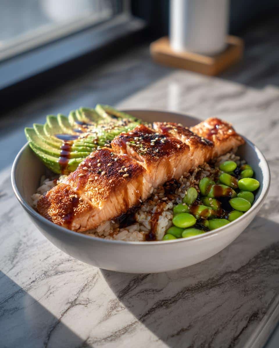 Fail-Proof Crispy Salmon Bowls in 25 Minutes 7 A vibrant Crispy Salmon Bowl with perfectly cooked salmon, avocado, rice, and edamame, drizzled with sauce.