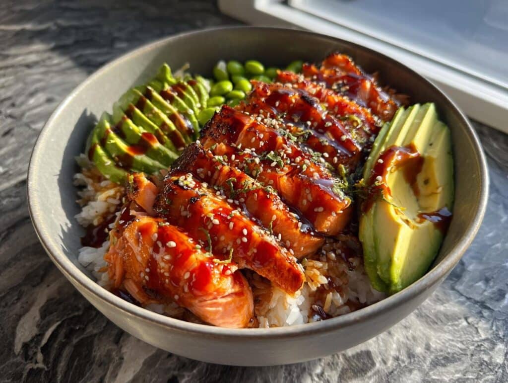 A vibrant Crispy Salmon Bowl with glazed salmon, avocado, edamame, and rice, drizzled with sauce and sprinkled with sesame seeds.