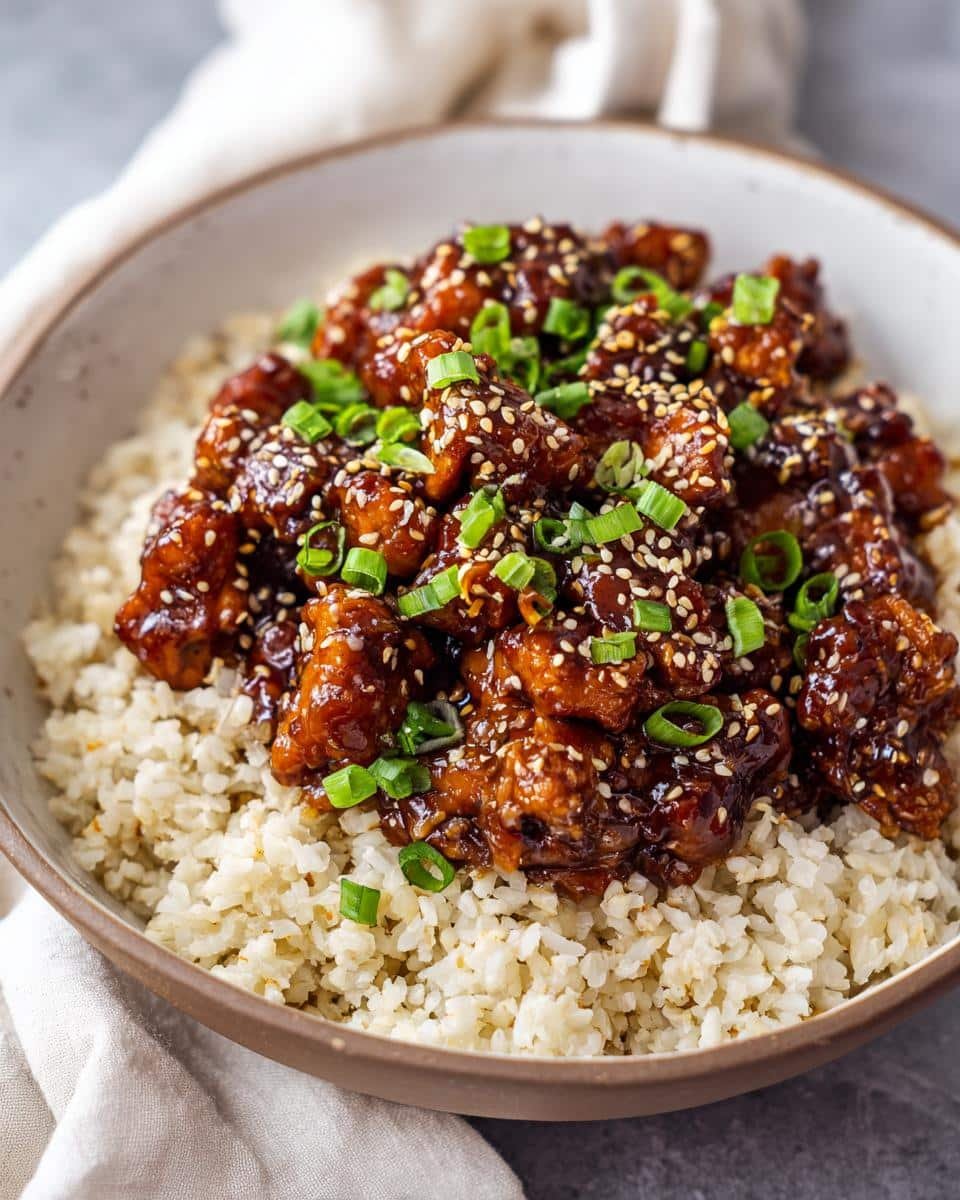 Unbelievable Crock Pot Bourbon Chicken in Just 8 Steps 8 A bowl of Crock Pot Bourbon Chicken served over rice, garnished with sesame seeds and green onions.