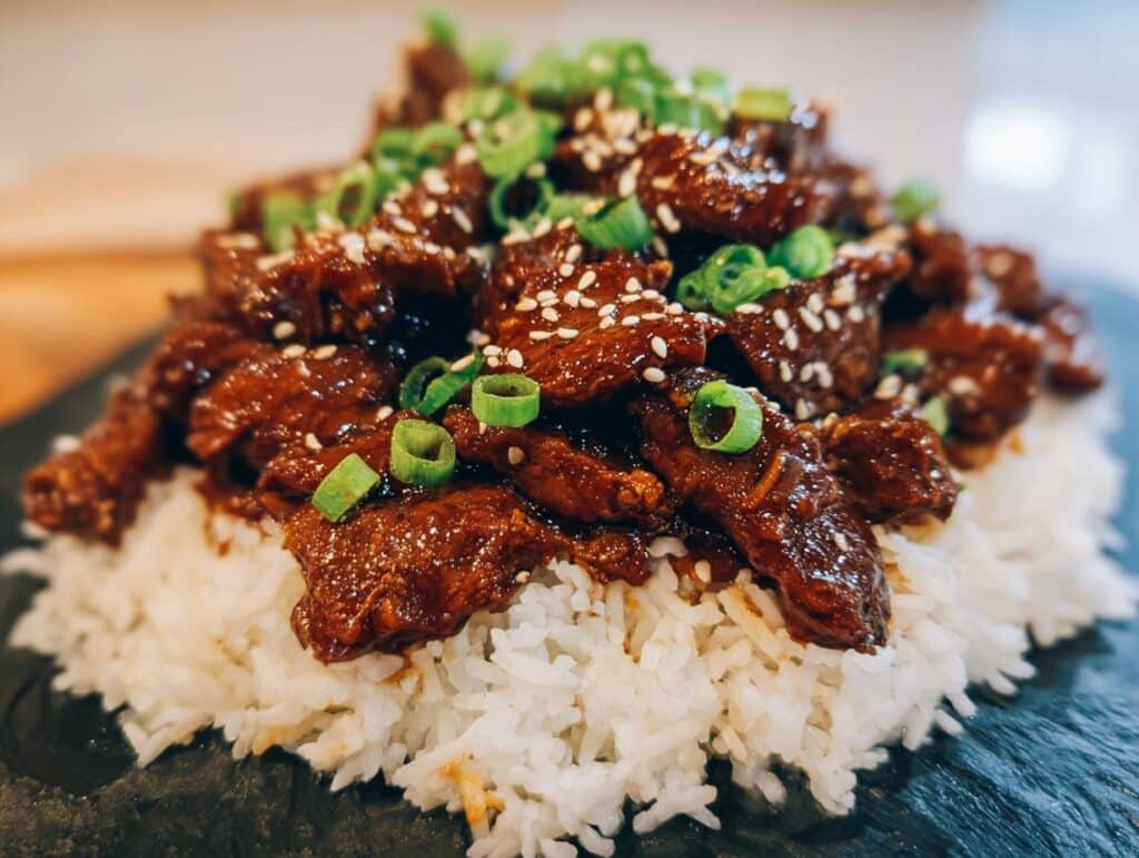 Delicious Crock Pot Bourbon Chicken served over white rice, garnished with sesame seeds and green onions.