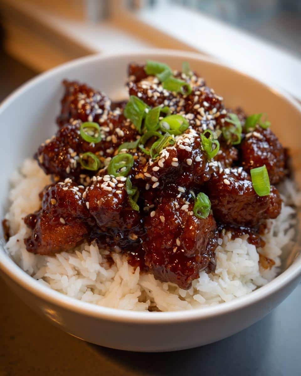 Unbelievable Crock Pot Bourbon Chicken in Just 8 Steps 9 A bowl of Crock Pot Bourbon Chicken served over white rice, garnished with sesame seeds and green onions.