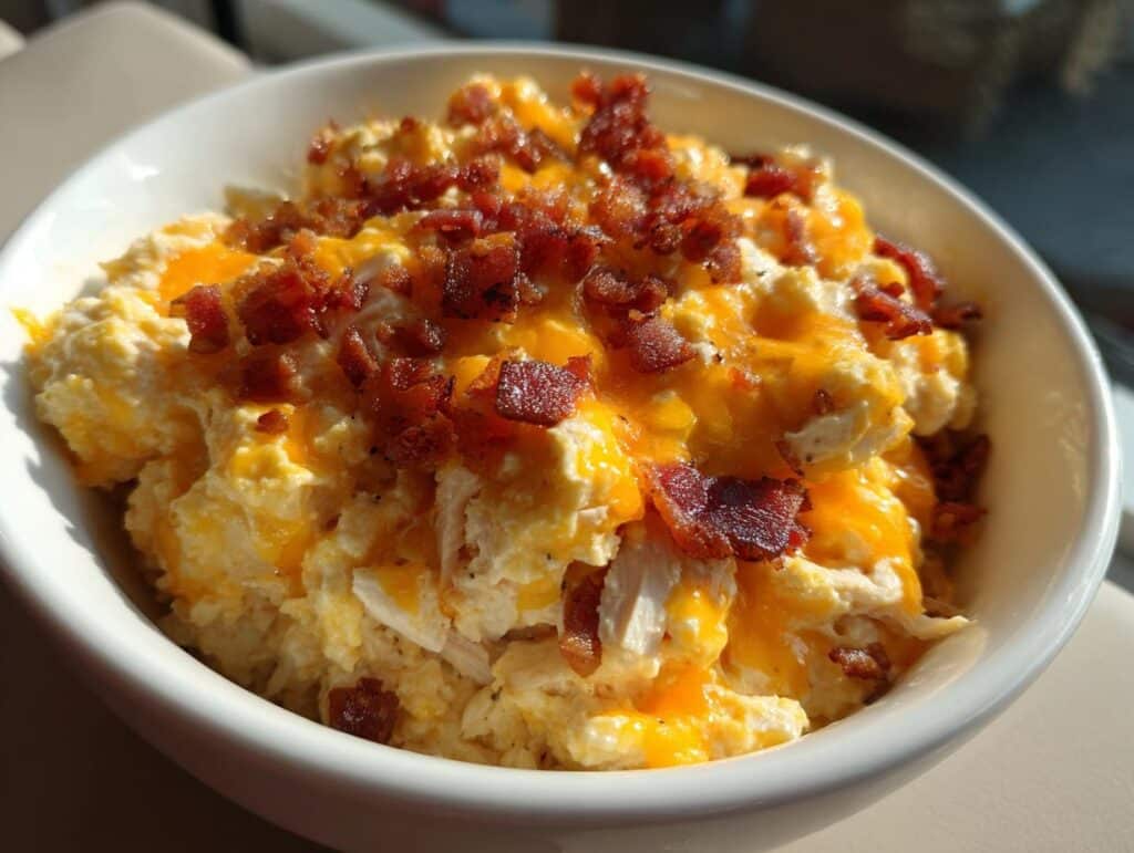 A white bowl filled with creamy Crock Pot Crack Chicken, topped with melted cheese and crispy bacon bits.
