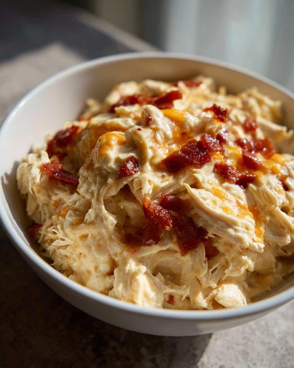 Crock Pot Crack Chicken: 5 Sinful Ingredients 6 A bowl of creamy Crock Pot Crack Chicken topped with bacon pieces, ready to eat.