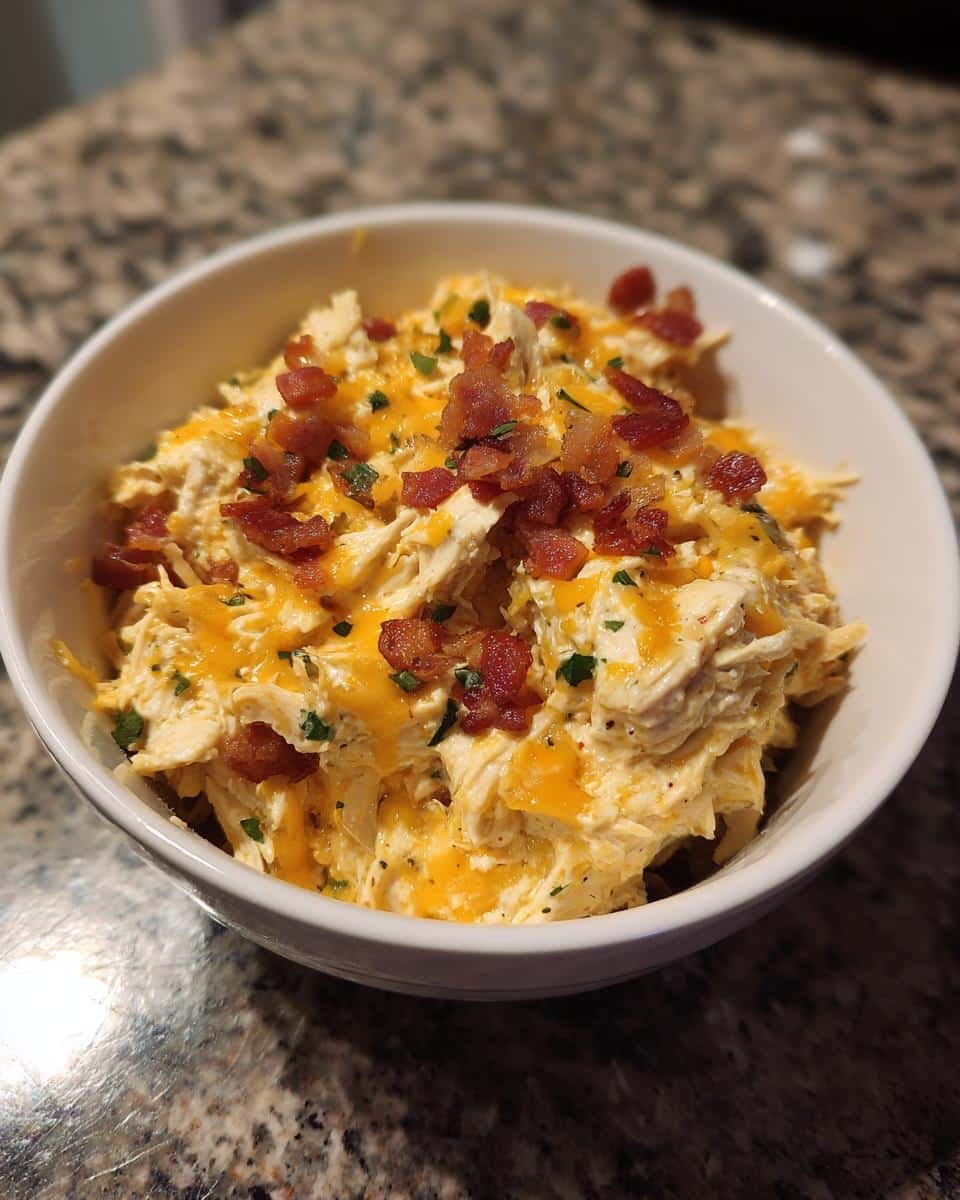 Crock Pot Crack Chicken: 5 Sinful Ingredients 8 A bowl of creamy Crock Pot Crack Chicken topped with cheddar cheese, bacon bits, and fresh parsley.