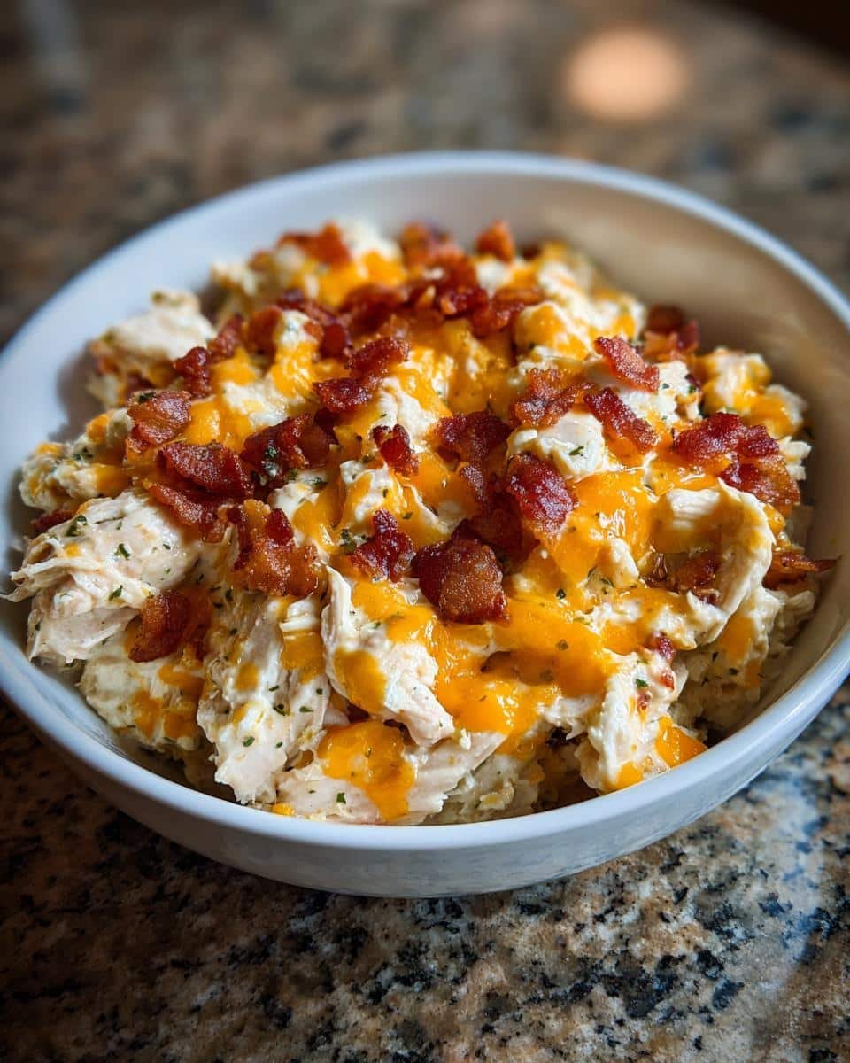 Crock Pot Crack Chicken: 5 Sinful Ingredients 9 A bowl of Crock Pot Crack Chicken topped with melted cheese and crispy bacon pieces.