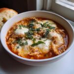 A delicious bowl of Crockpot Chicken Parmesan Soup topped with melted cheese and fresh basil.