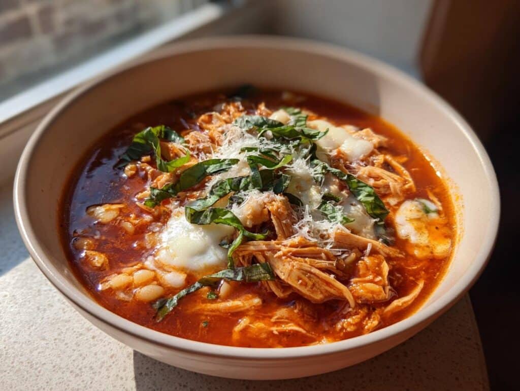 A bowl of Crockpot Chicken Parmesan Soup, topped with fresh basil and parmesan cheese.