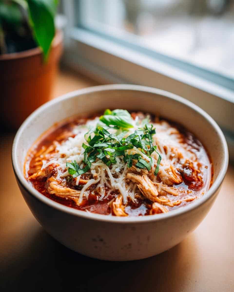 Delicious Crockpot Chicken Parmesan Soup in Just 4 Steps 6 A bowl of Crockpot Chicken Parmesan Soup topped with cheese and basil, ready to eat.