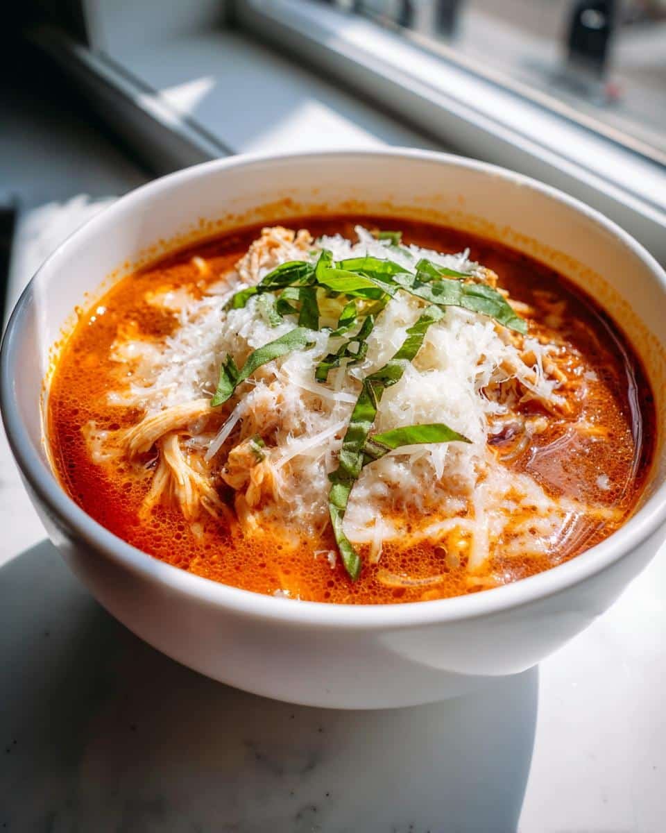 Delicious Crockpot Chicken Parmesan Soup in Just 4 Steps 7 A bowl of Crockpot Chicken Parmesan Soup topped with shredded parmesan cheese and basil.