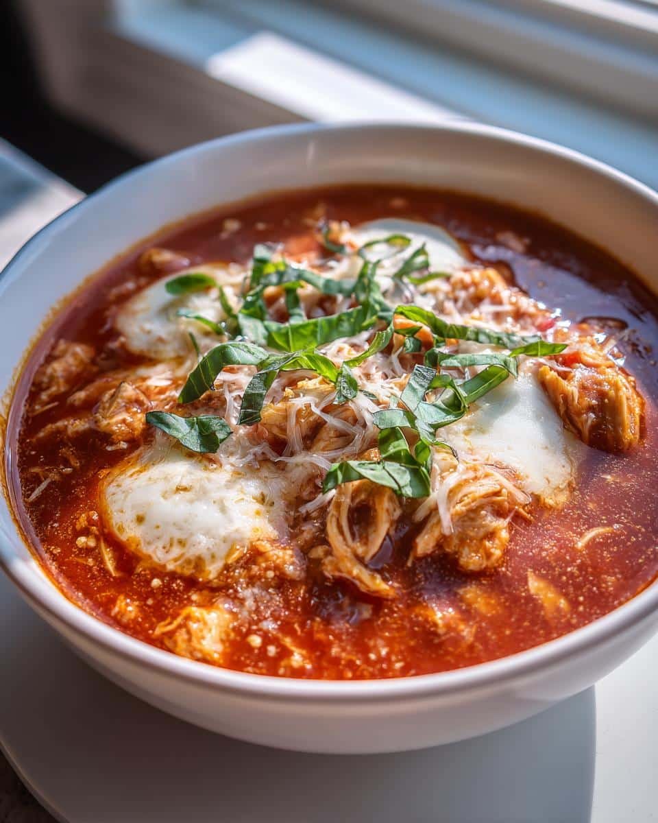 Delicious Crockpot Chicken Parmesan Soup in Just 4 Steps 8 A bowl of Crockpot Chicken Parmesan Soup, topped with melted mozzarella, parmesan cheese, and fresh basil.