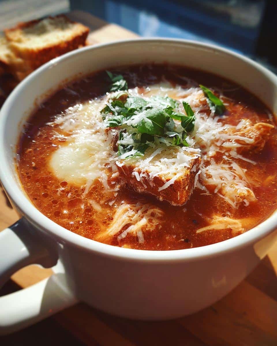 Delicious Crockpot Chicken Parmesan Soup in Just 4 Steps 9 A bowl of Crockpot Chicken Parmesan Soup topped with cheese, bread, and herbs.