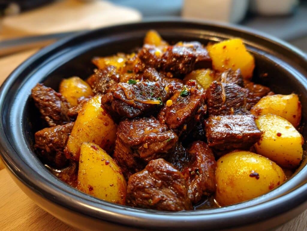 Close-up of Crockpot Garlic Butter Beef Bites with Potatoes in a black bowl. Tender beef and potatoes.