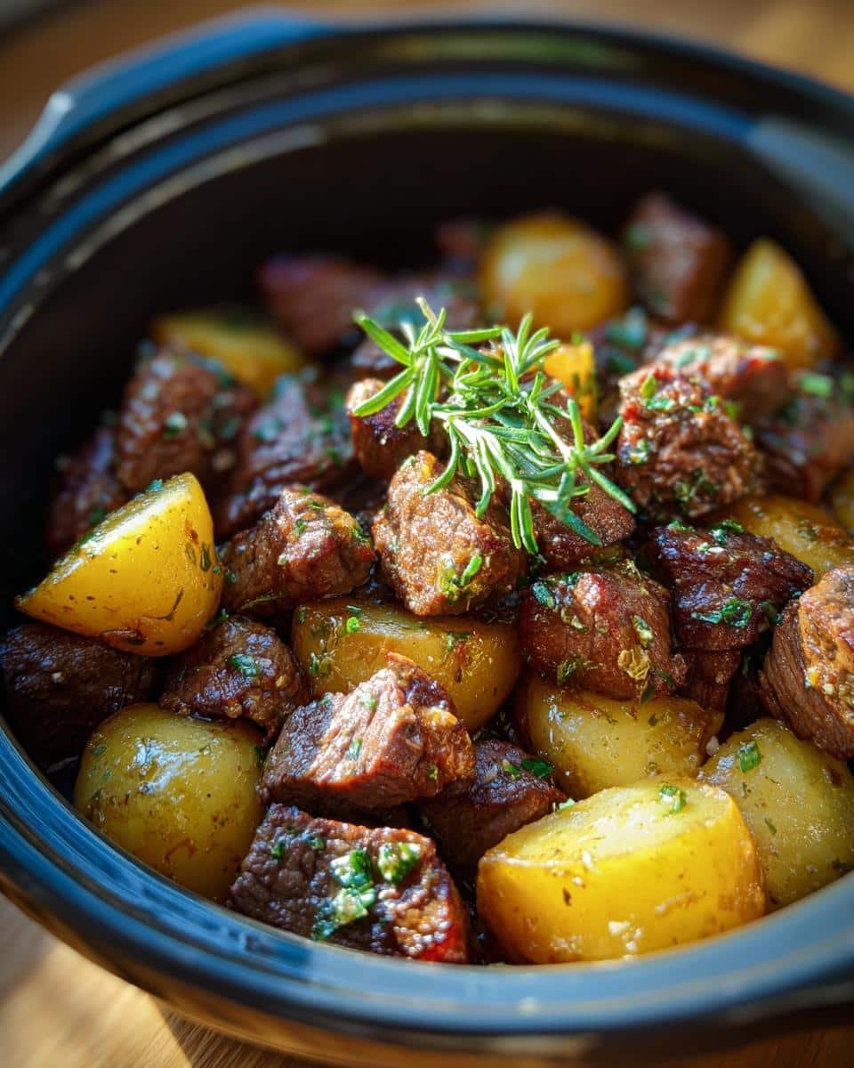 Crockpot Garlic Butter Beef Bites: Insanely Good Recipe 6 Close up of Crockpot Garlic Butter Beef Bites with Potatoes, garnished with rosemary.