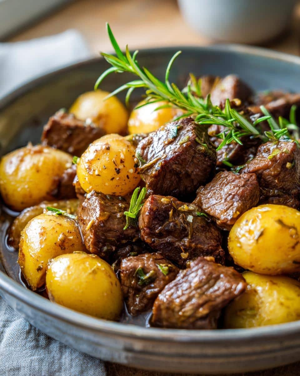 Crockpot Garlic Butter Beef Bites: Insanely Good Recipe 7 A bowl of Crockpot Garlic Butter Beef Bites with Potatoes, garnished with rosemary.