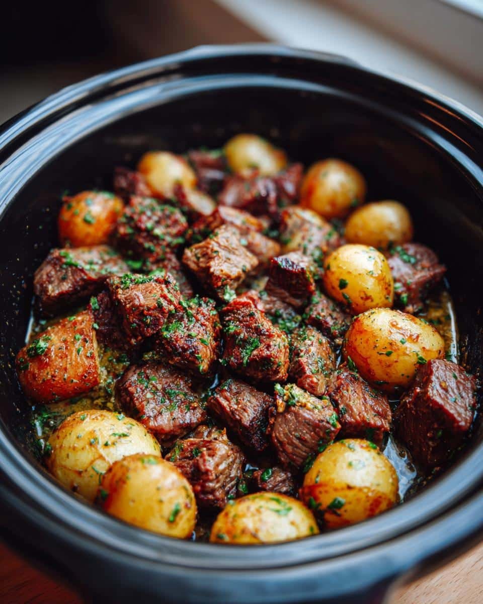 Crockpot Garlic Butter Beef Bites: Insanely Good Recipe 8 Crockpot Garlic Butter Beef Bites with Potatoes, cooked and ready to serve. Tender beef and potatoes in a garlic butter sauce.