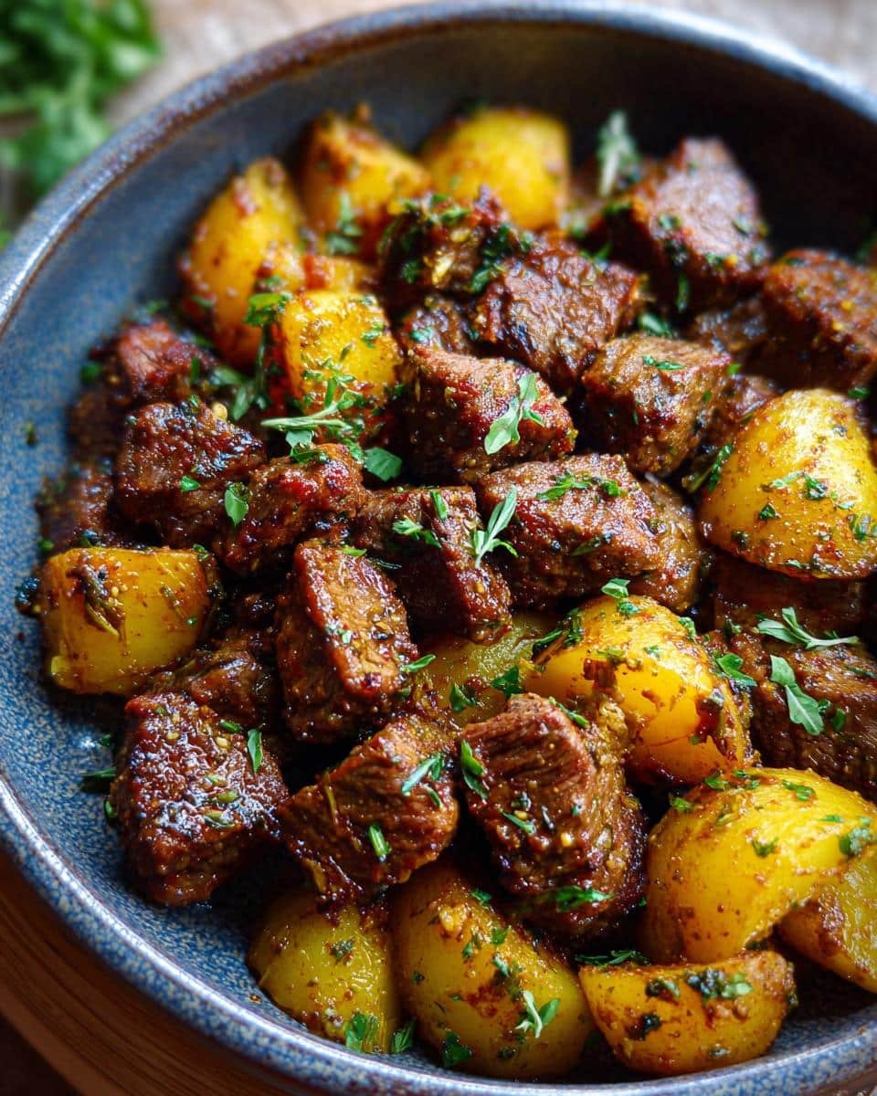 Crockpot Garlic Butter Beef Bites: Insanely Good Recipe 9 Close-up of Crockpot Garlic Butter Beef Bites with Potatoes, garnished with fresh herbs in a blue bowl.